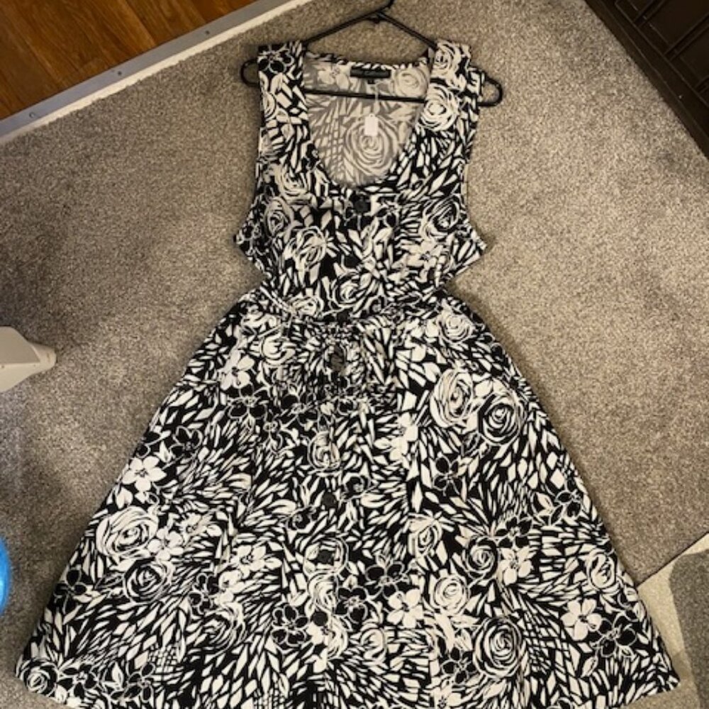 MLLE Gabrielle Black & White Floral  Dress with Peter Pan collar